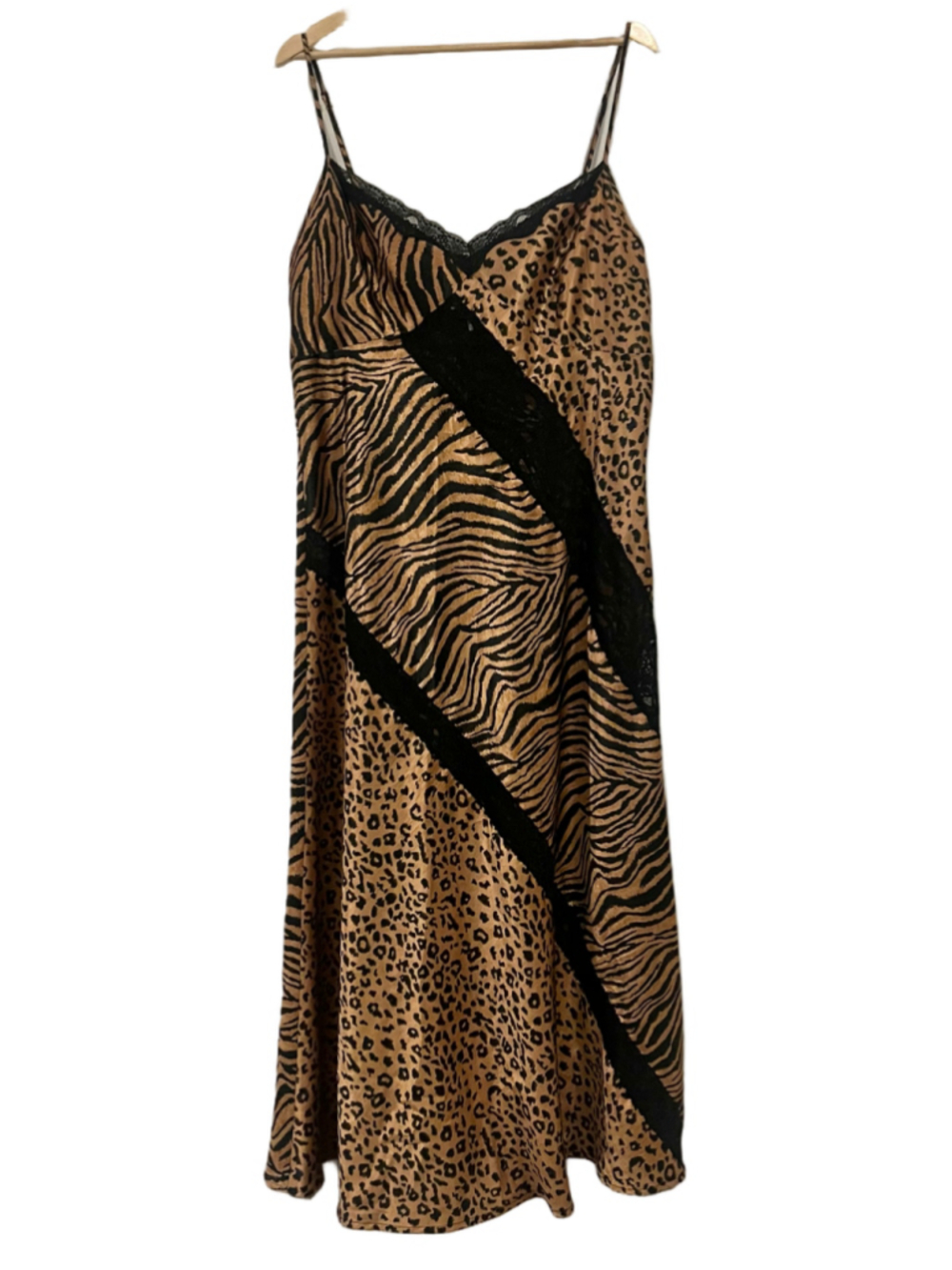 90’s Animal Print Chemise Slip Dress Satin Lace Brown and Black Michel Antoni